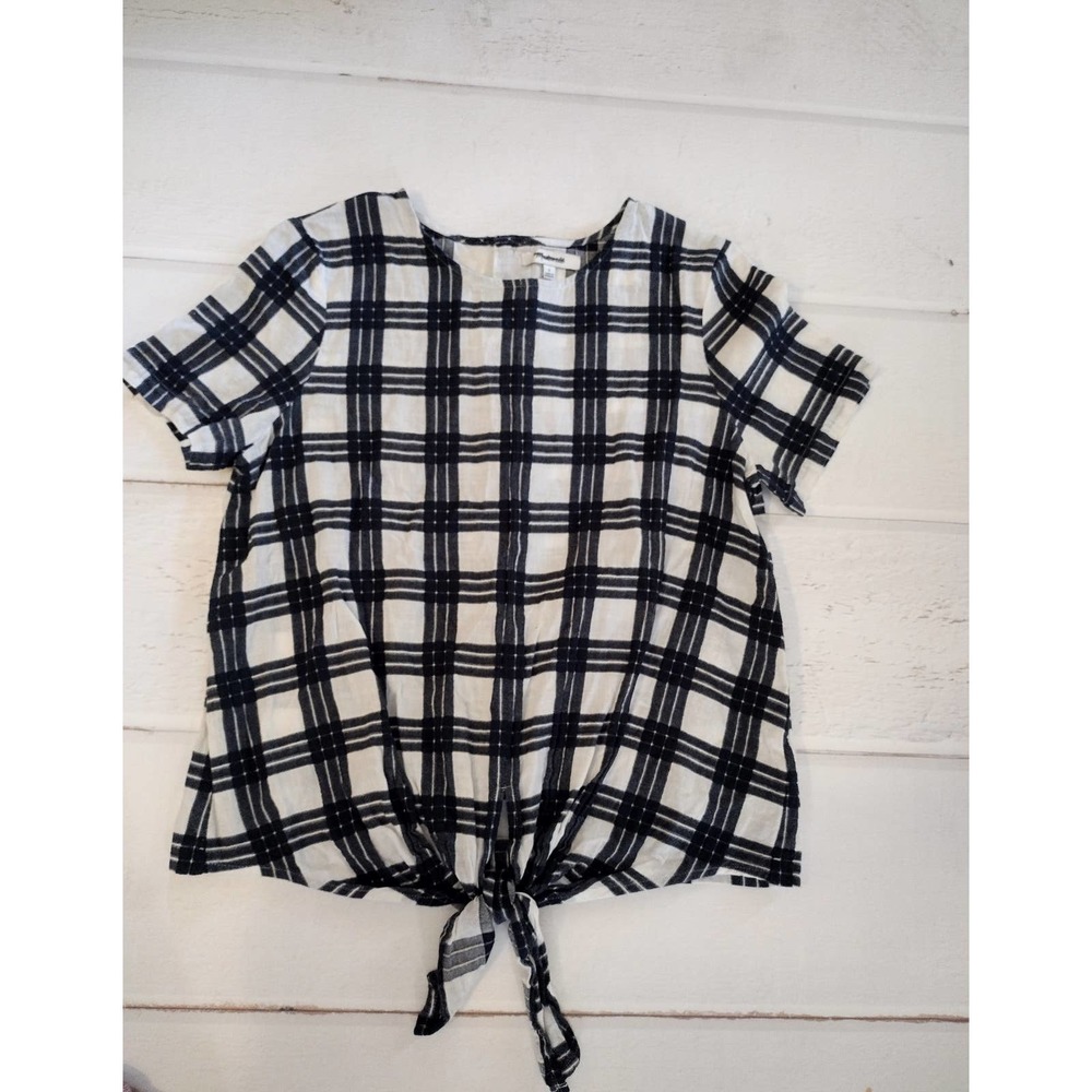 Madewell women small button back tie front navy plaid top